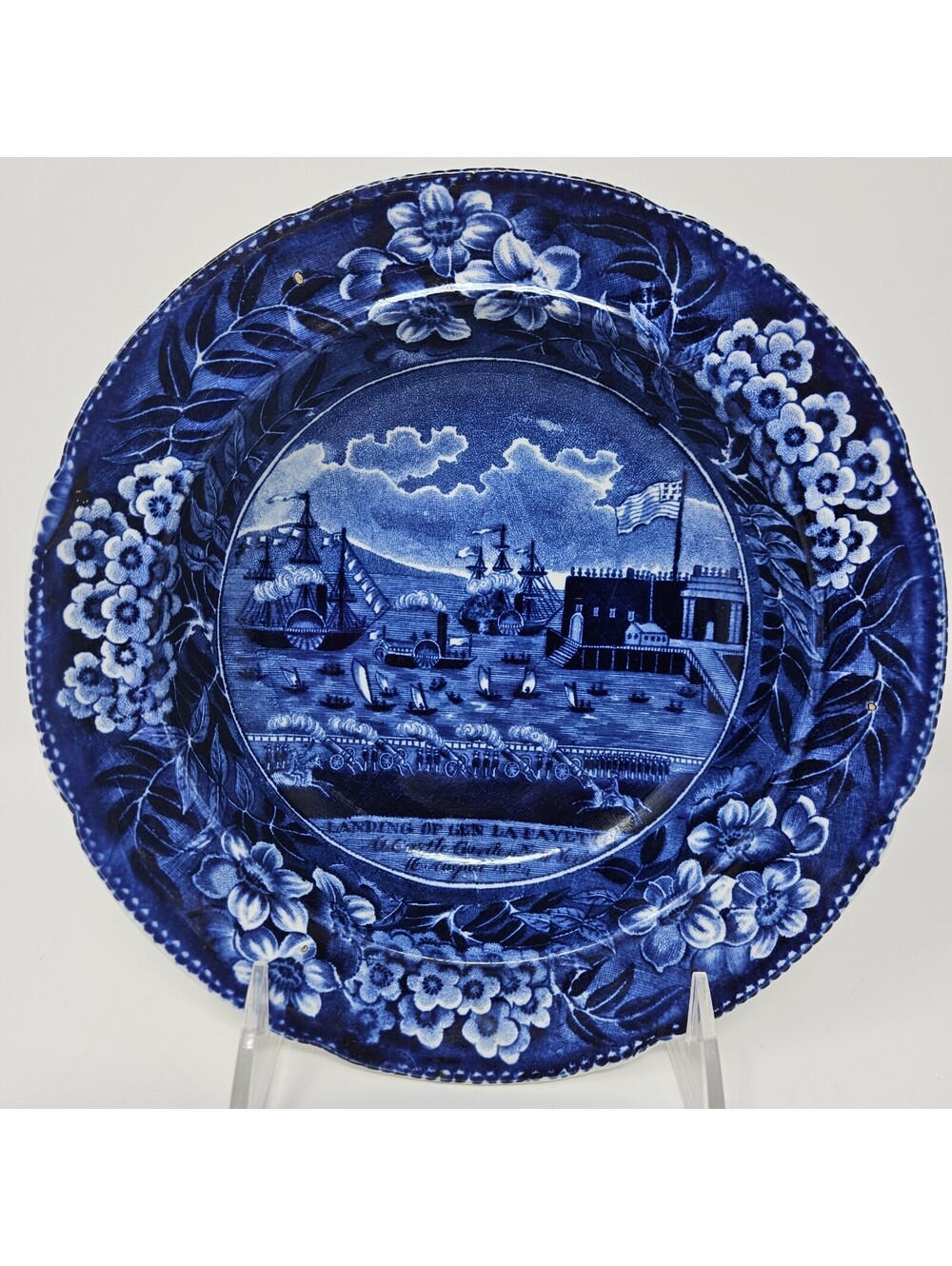Antique Clews Staffordshire Landing Of LaFayette Bowl Transferware Blue 7-5/8”
